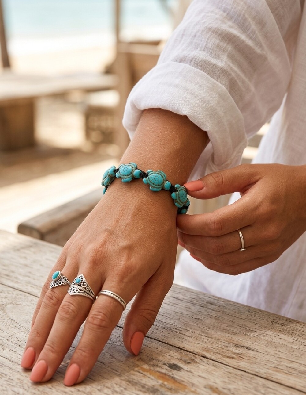 Bracelet Boho Sea Turtle Shamballa Turquoise Beads Slide Closure